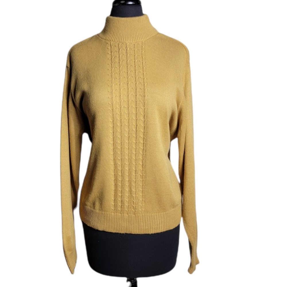 BFA Classics mock neck sweater size large mustard yellow cable knit pullover